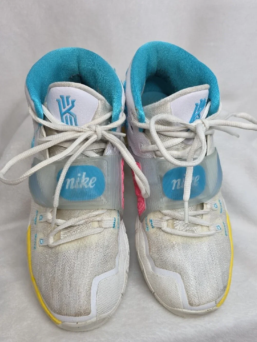 Nike Kids Kyrie 6 90 High-Top Basketball Sneakers - White/Yellow/Teal/Pink